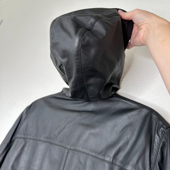 Fendi Black Soft Leather Fendi Embossed Monogram Front Long Sleeve Hooded Jacket - Picture 4 of 16